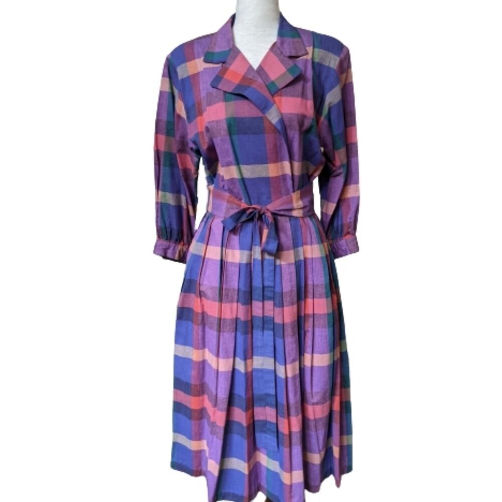 Vintage Jackie Bernard for Eklektic Belted Shirt Dress Purple Plaid Sz 8